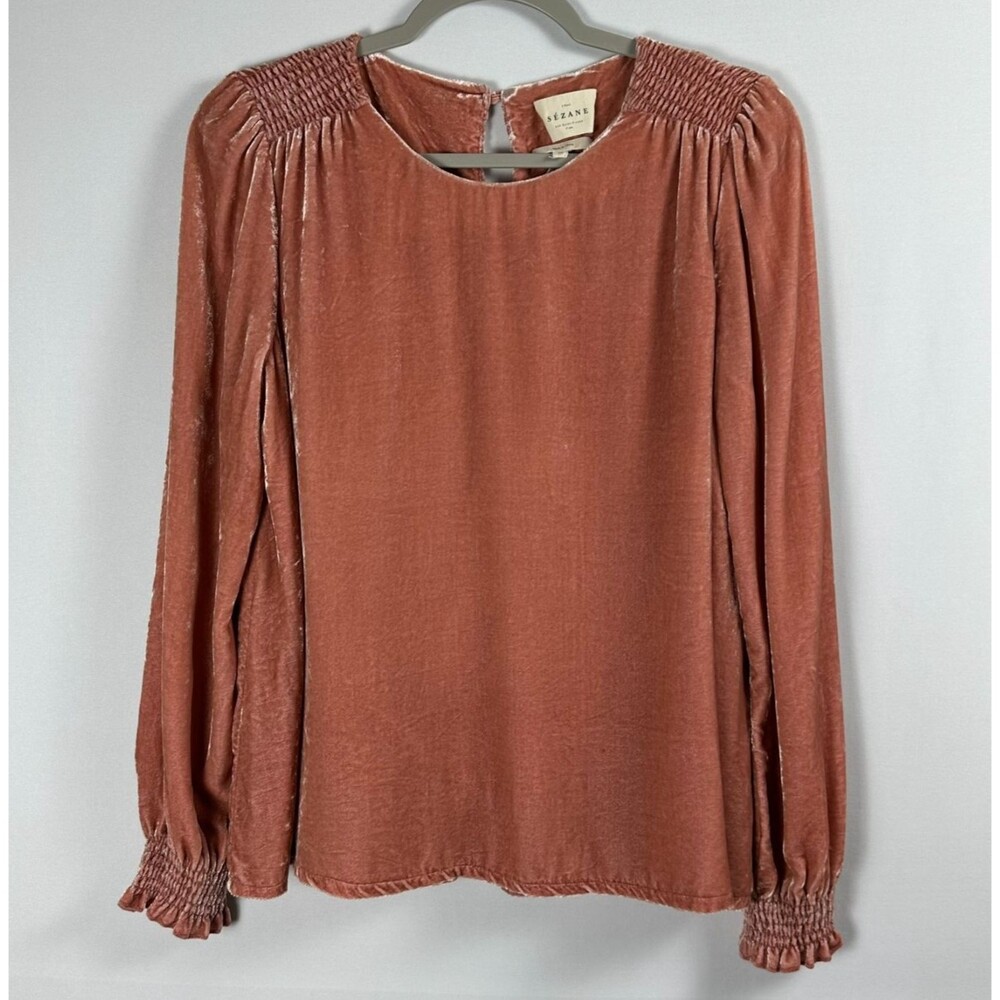 Sézane Velvet Blouse Size FR 38 (M) Pink Long Sleeve Smocked Boho FLAW READ DESC